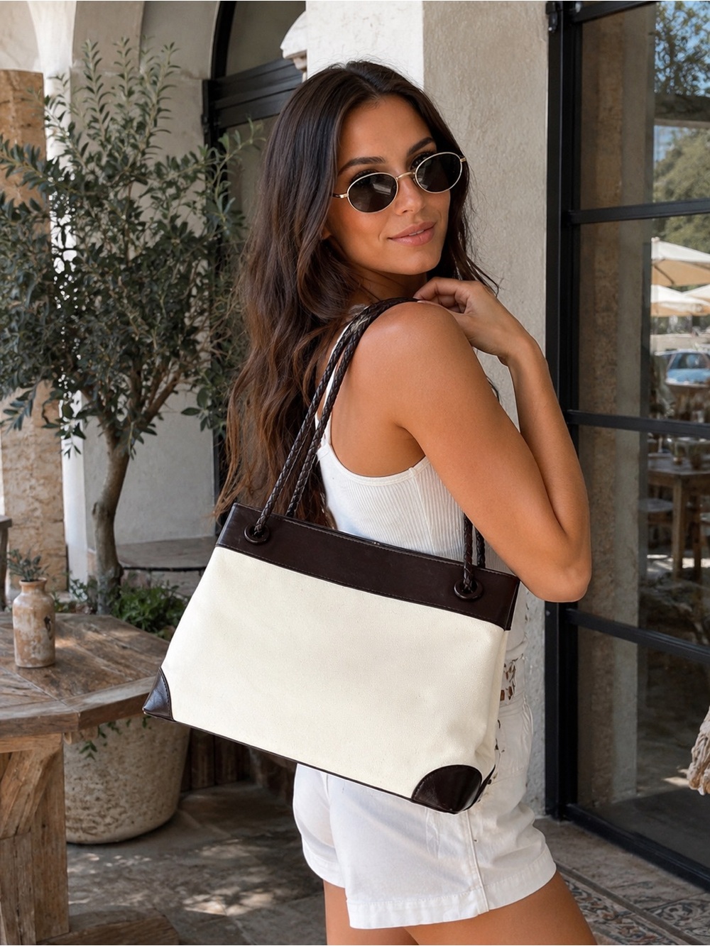 🤎✨ Classic Cream & Brown Canvas Shoulder Tote Bag ✨🤎